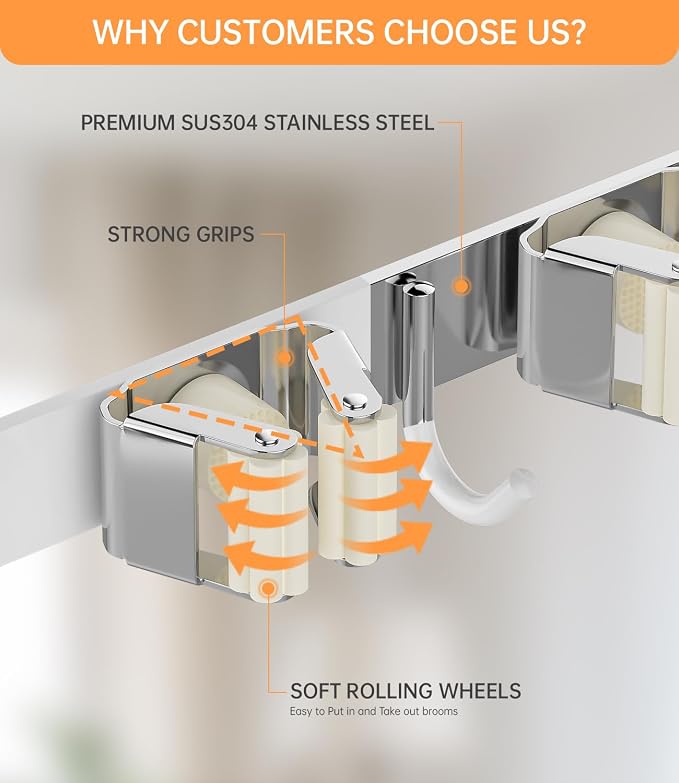 Broom Holder Over The Door with Hooks -304 Stainless Steel (White) | Save Space, Anti-Rust & Sturdy, Mop and Broom Holder Wall Mounted or Hanging Over The Door, for Garage Laundry Kitchen - Image 7