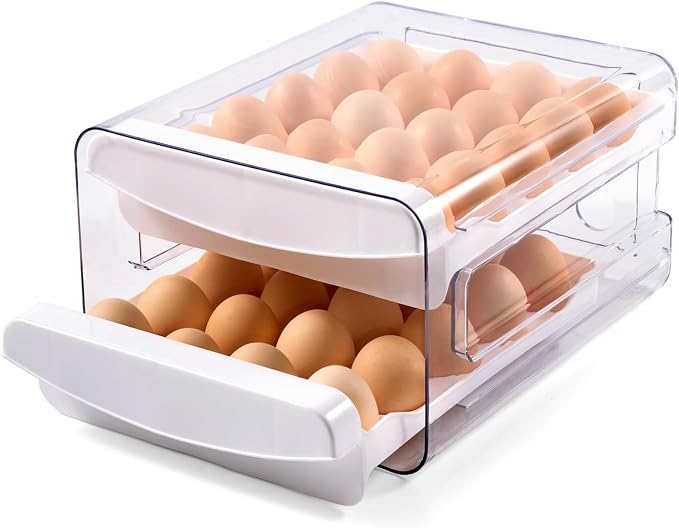 Luckore 2 Tier Egg Holder for Fridge Container for 40 Eggs with Drawer | Clear Stackable Egg Organizer Holder Tray for Fridge, Storage Container with Handles for Refrigerator, Countertop by Luckore