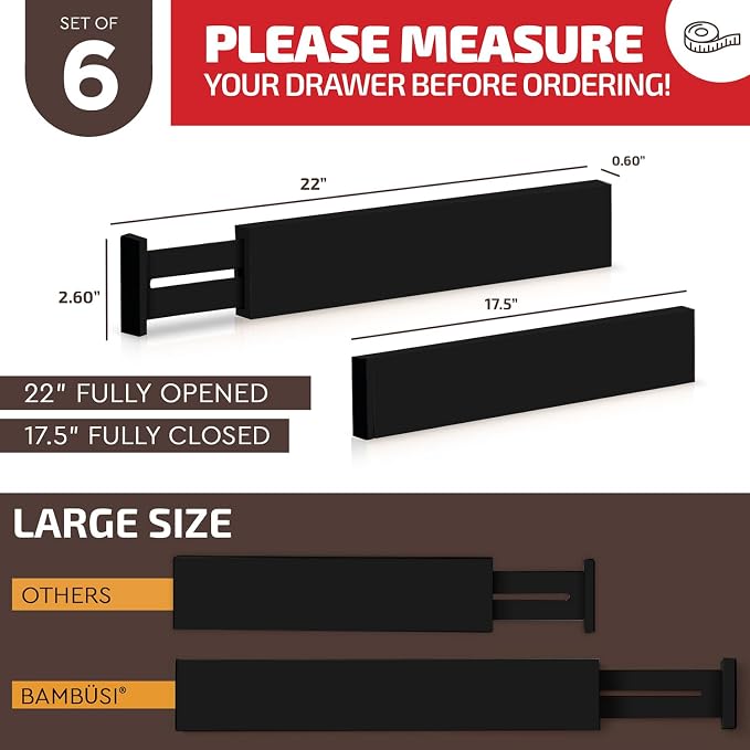 6-Pack Drawer Dividers 2.6-Inch High Dresser Organizer 16 to 22 Inch, Black | Bamboo, Spring Loaded, No Tools Needed, Fits Wide Drawers for Socks, Clothes, Utensils, Bedroom, Bathroom, Kitchen, Office - Image 3