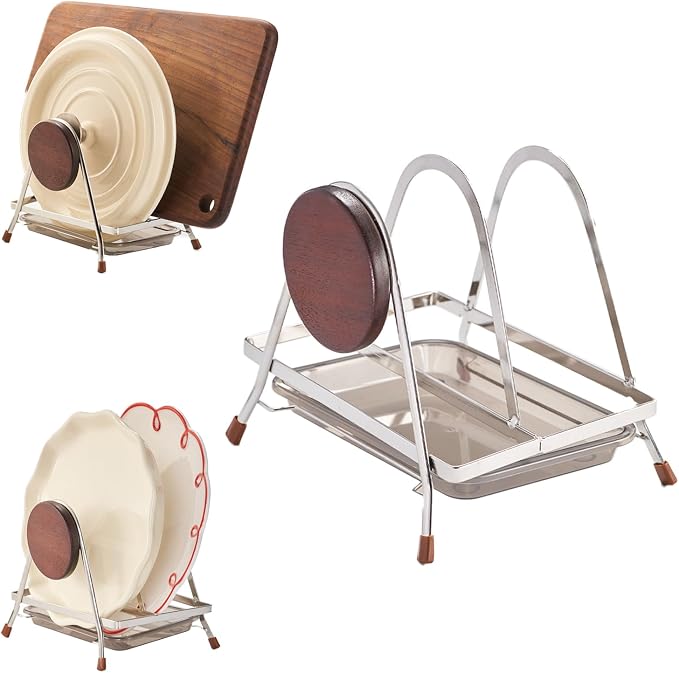 6.5mm Stainless Steel Pot Lid Holder while Cooking, Multifunctional Cutting Board Pan Lid Organizer for Countertop with Beech Wood Accents, Heavy Duty Rack with Nonslip Pads & Removable Drip Tray by Unknown
