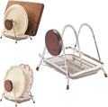 6.5mm Stainless Steel Pot Lid Holder while Cooking, Multifunctional Cutting Board Pan Lid Organizer for Countertop with Beech Wood Accents, Heavy Duty Rack with Nonslip Pads & Removable Drip Tray by Unknown