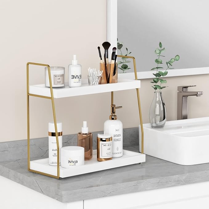 Forbena Bathroom Organizer Countertop, Counter Organizer for Bathroom Decor, Wooden Sink Shelf for Vanity Storage, Makeup Tray for Perfume Skincare Bedroom Kitchen Corner (2 Tier, White and Gold) - Image 4