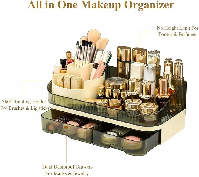 Makeup Organizer Countertop with Dual Drawers | Plastic, Vanity Bathroom Desk, 360° Rotating, Easy Clean, Cosmetic Skincare - Image 4