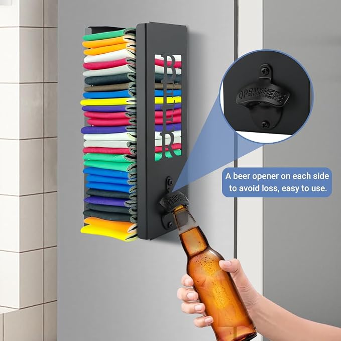 2 in 1 Can Cooler Holder with Bottle Opener, Beer Can Sleeves Storage Organizer Dispenser for Home Family Bar, Metal, 12", Cool Stuff Gifts for Men Dad(COLOR:Black) - Image 5