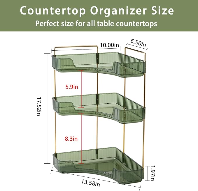 3-Tier Corner Bathroom Counter Organizer – Classic Storage Shelf for Makeup, Perfume & Toiletries, Space-Saving Countertop Tray Fits Bathroom, Dresser, Kitchen (Sage Green) - Image 2