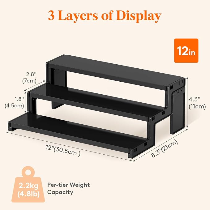 Lifewit 12″ Spice Rack, Perfume Cologne Stand,Tool-Free Assembly, 2 Pcs | 3-Tier Black Display Riser Shelf, Cupcake Stand, Seasoning Figurine Makeup Holder, Room Decor, Kitchen Cabinet Storage - Image 3