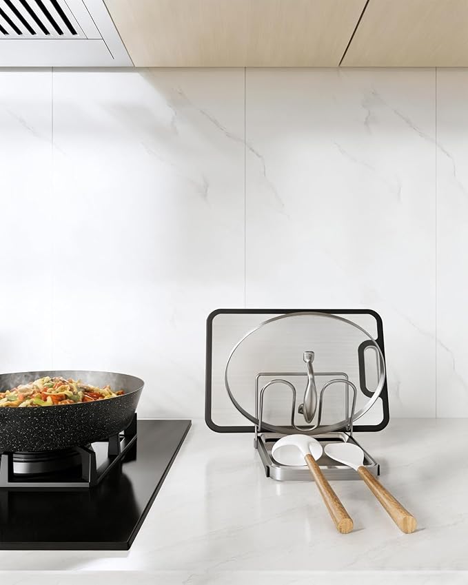 spatula holder, Pot lid holder,Spoon rest for stove top, Cutting Board Holder,304 Stainless Steel spoon rest for kitchen counter,Pot Lid Organizer Rack for Stove Top Cooking, Dishwasher Safe - Image 2