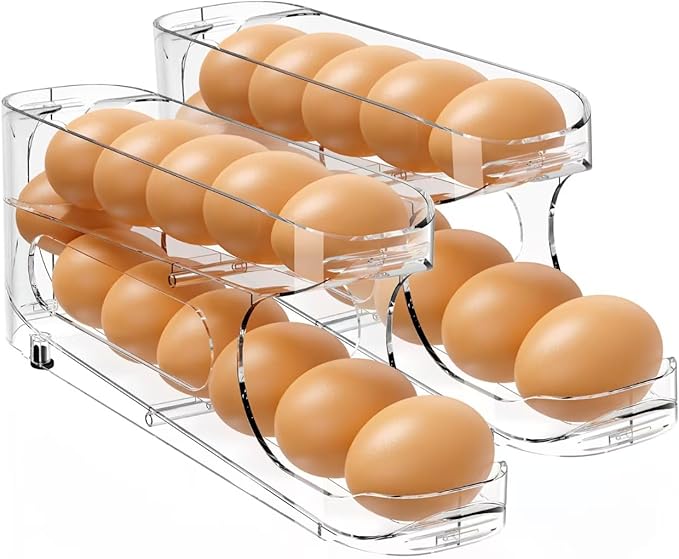 Egg Holder for Fridge, 2 Pack, FIFO Egg Roller for Eggs 24 Count | Auto Rolling Egg Storage Organizer for Refrigerator, Clear Space Saving Container, Dispenser by Sotfamily