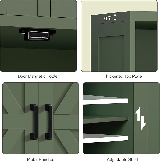 Bathroom Cabinet with Adjustable Shelf & 2 Drawers, Farmhouse Storage Cabinet with 2 Doors, Kitchen Storage Cabinets for Living Room, Entryway, Home Office, Forest Green - Image 8