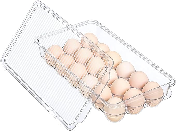 Egg Holder for fridge with Lid, Clear Plastic Egg Storage Container Refrigerator Organizer Bins, Stackable Tray Holds 18 Eggs Trays Storage (1 pack, 18 Eggs) by Unknown