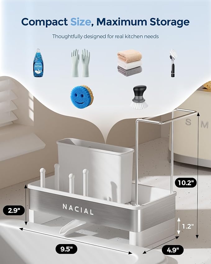 Nacial Kitchen Sink Organizer, Sink Caddy with Sponge & Tall Brush Holder | 304 Stainless Steel Kitchen Countertop Organizer with Double-Bar Towel Holder, Stores Sponge, Brush, Towel & Sink Essentials - Image 2