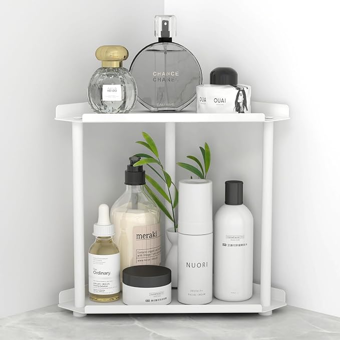 FLE Corner Bathroom Counter Organizer, Bathroom Organizer Countertop White | 2 Tier Corner Shelf, Tabletop Mount,Waterproof Solid Shelf Fits Bathroom Toiletries and Kitchen Condiment Storage by FLE