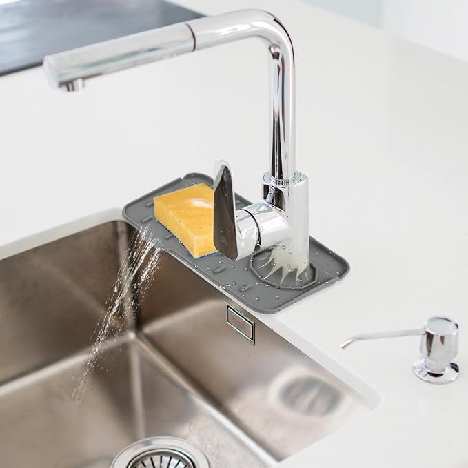 2Pcs Silicone Sink Faucet Splash Guard Mat Sponge Holder 8.3 x 5.3 Inch | Soap Dish Pad Faucet Handle Drip Catch, Sink Protector Tray, with Outlet & Slope, for Bathroom Kitchen Countertop, RV Gadget - Image 6