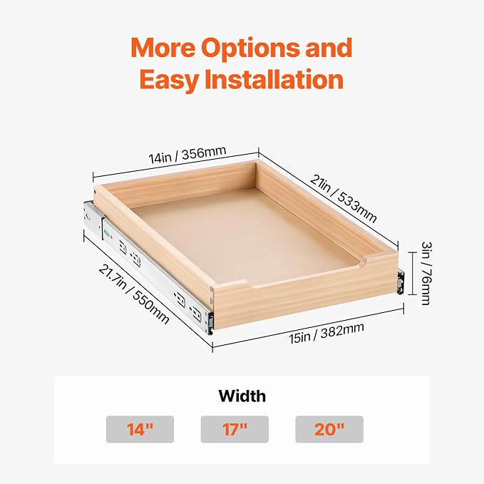 VEVOR Pull Out Cabinet Organizer, 14"W x 21"D Cabinet Drawer, Soft Close Slide out Shelf, Heavy-Duty Sliding Wood Drawer, Bottom Mount Size（14.5"W x 23"D）and Side Mount Size（15"W x 23"D） | Heavy-Duty Sliding Shelf with Bottom or Side Mounting for Organ... - Image 7