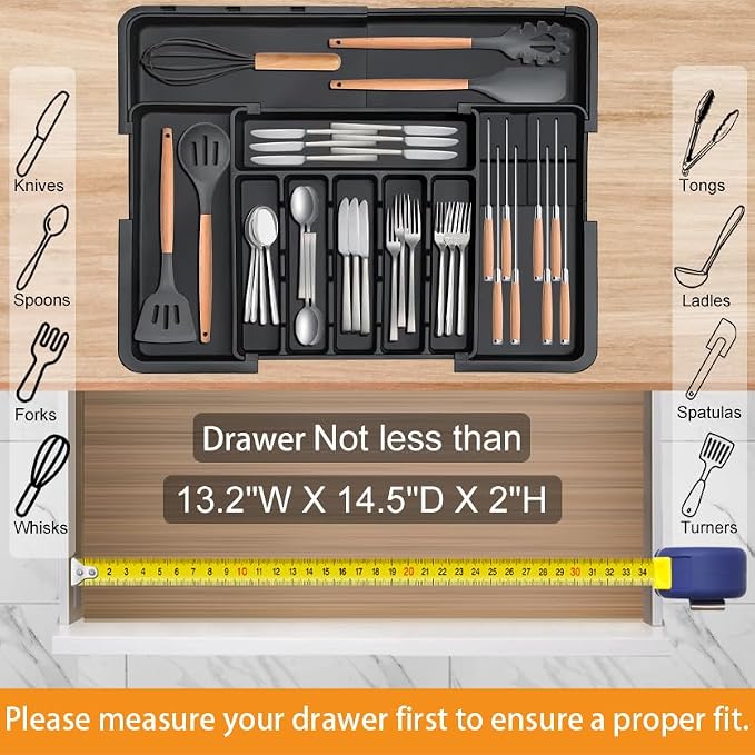 Silverware Organizer - Expandable Large Kitchen Drawer Organizer Utensil Organizer with 2 Removable Knife Blocks, 22"x 19"Cutlery Tray Drawer Dividers for Kitchen Flatware(6-9 Slots) (Black) - Image 7