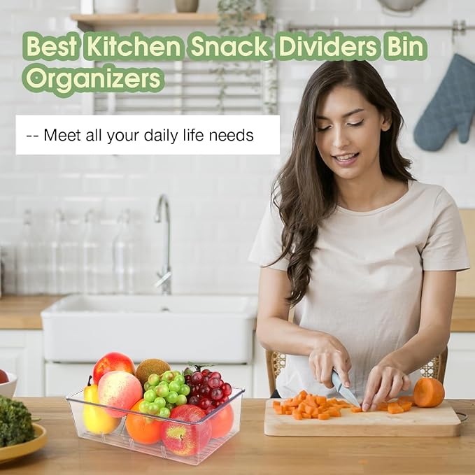 ZIZOTI Snack Organizer for Pantry Shelf, 6 Pack Clear Plastic Pantry Storage Bins with 3 Dividers for Snacks, Spices, Chips Food Organizer, Stackable Pantry Organizers for Kitchen, Fridge, Cabinet - Image 7