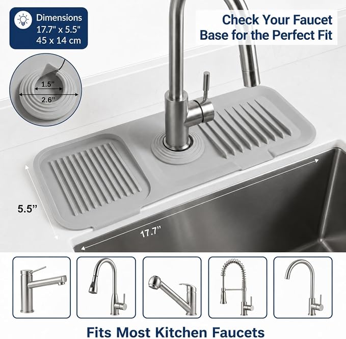 Faucet Mat for Kitchen Sink, Silicone Splash Guard, 17.7x5.5 in, Light Gray | 5° Fast-Draining Slope, Trimmable 1.5–2.6 in Center Hole - Image 4