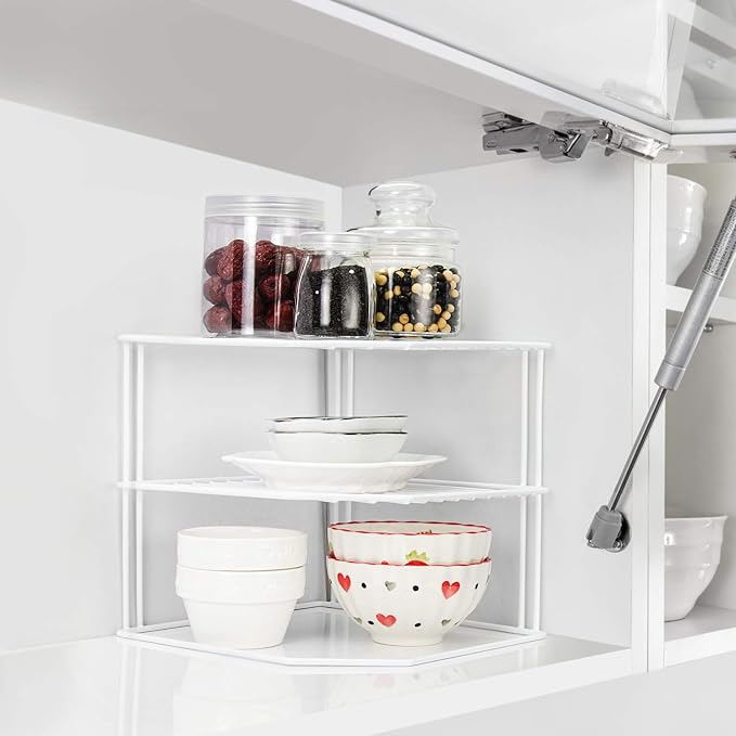 ROFAY Kitchen Cupboard Organiser, 3 Tier White Corner Plate Rack for Kitchen Cupboard Storage - Cupboard Shelf Insert Organiser (Pack of 2) - Image 7