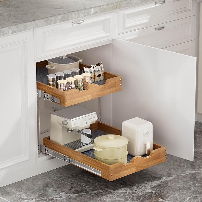 OCG 2 Tier Pull Out Cabinet Organizer (17"W x 21"D), Double Tier Slide out Wood Drawer Shelf, Pull Out Shelves for Base Cabinet Organization in Kitchen, Pantry, Bathroom - Image 5