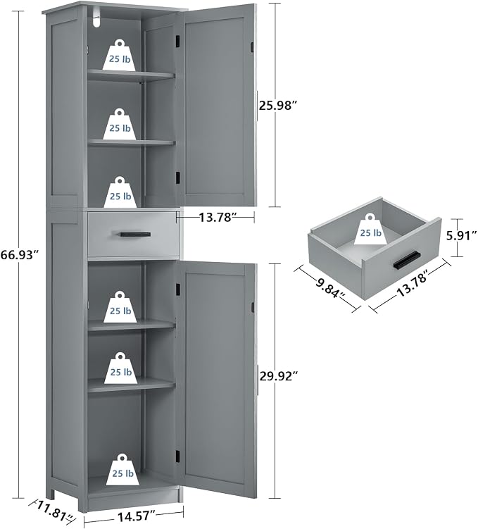 usikey 67“ Tall Bathroom Cabinet, Storage Cabinet with 4 Shelves & 2 Doors, Narrow Storage Cabinet for Bathroom, Living Room, Home Office, Greige - Image 3