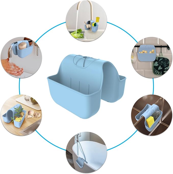 Sponge Holder for Kitchen Sink, Silicone Sink Saddle Caddy Organizer Rack, Sponges Holder Over Faucet, Hanging Kitchen Organizer Accessories Rack Basket - Light Blue - Image 4