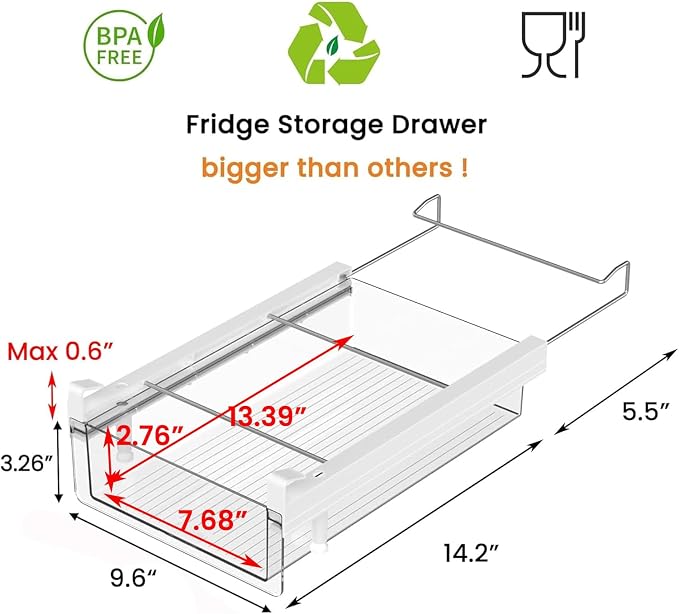 Large Refrigerator Drawer with Removable 28 Grid Egg Tray, Clear Egg Drawer for Fridge Organizer Bins, Fridge Storage Container Under Shelf Holder for Fruit,Vegetable,Meat,Cheese - Image 2