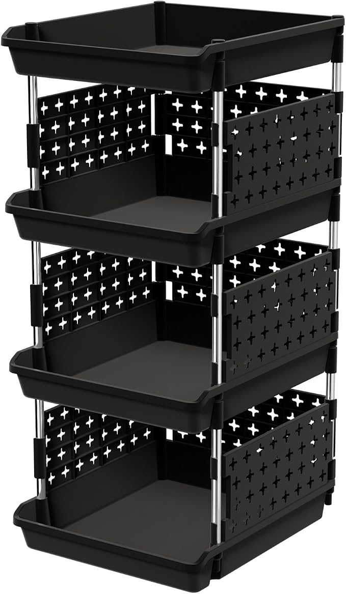Lifewit 4 Tier Plastic Stackable Storage Baskets for Clothes 1 Pack, Black | Stacking Bins for Food, Multifunctional Organizer for RV, Kitchen, Playroom, Pantry and Bathroom by Lifewit