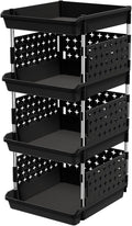 Lifewit 4 Tier Plastic Stackable Storage Baskets for Clothes 1 Pack, Black | Stacking Bins for Food, Multifunctional Organizer for RV, Kitchen, Playroom, Pantry and Bathroom by Lifewit