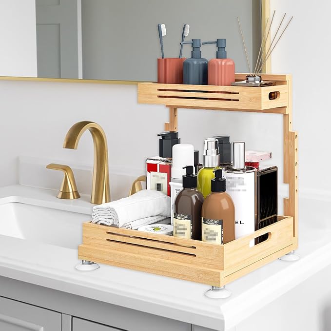 Banlilu Under Sink Organizer, Pull Out Cabinet Organizer, 2 Tier Slide Out Sink Shelf Cabinet Storage Shelves, Storage for Kitchen Bathroom, Natural Premium Bamboo Wood - Image 7