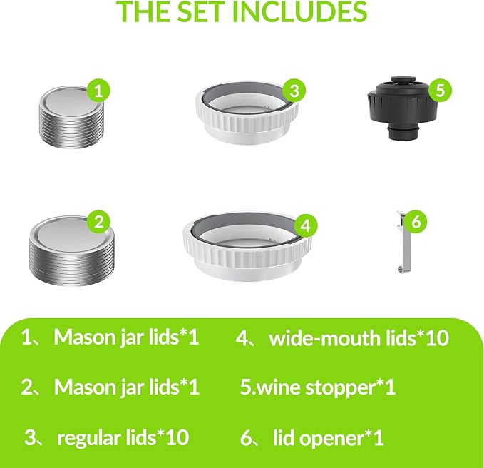 Mason Jar Vacuum Sealer Kit with 2 Sealers, 20 Reusable Lids | (Wide & Regular Mouth), Wine Vacuum Stopper & Opener, Food Storage System for Meal Prep, Pantry, Without Mason Jar - Image 2