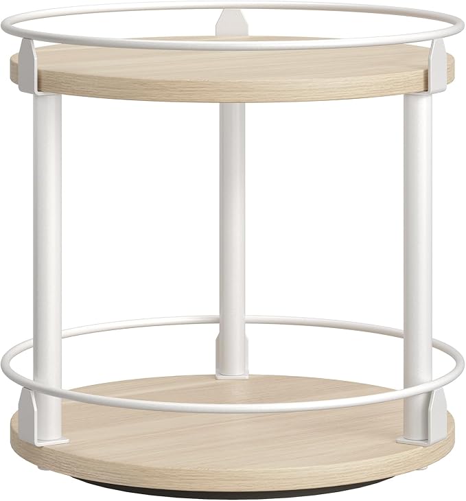 Lazy Susan Organizer, Rotating Spice Rack, 2 Tier Spice Turntable Organizer, Industrial Turntable Spice Holder, for Kitchen Countertop, Compact and Versatile, White and Light Oak SR22WG by Yatiney