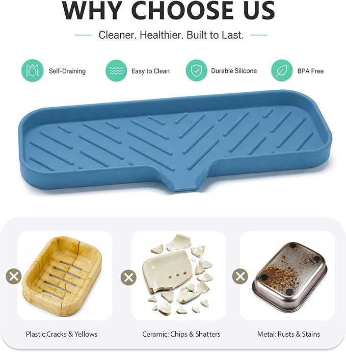 MicoYang Silicone Soap Dish with Drain Spout — Self-Draining Double Sink Organizer Tray for Kitchen & Bath, Dispensers, Sponges & Soap Holder, Non-Slip & Dishwasher Safe, Lichen Blue (Large, 12"×4") - Image 3