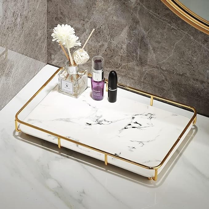 Dobbyby Vanity Tray Makeup Organizer Cosmetics Storage Bathroom Skincare Organizer Countertop Display Rack in Dresser Stainless Steel Shelf Marble Print Ceramic Trays - Image 8