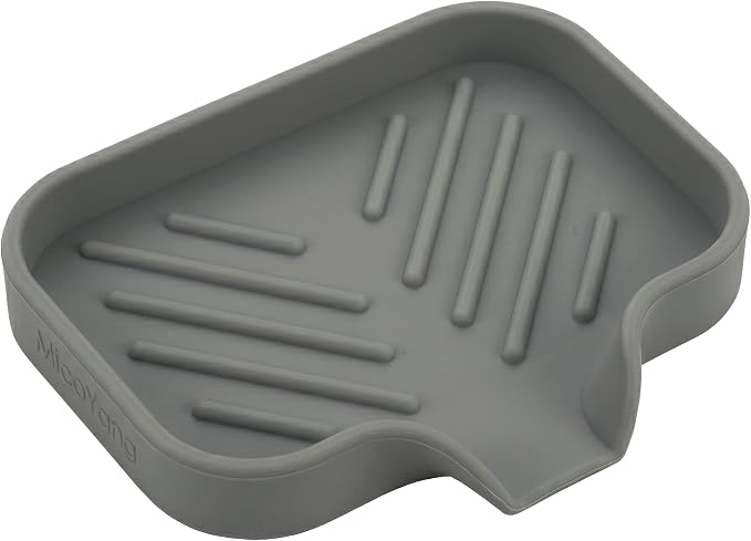 MicoYang Silicone Soap Dish with Drain Spout, Self-Draining Sink Organizer Tray for Bathroom and Kitchen, Sponges, Dispensers and Soap Holder, Non-Slip and Dishwasher Safe, Grey (Compact, 4.9"×3.2") by MicoYang