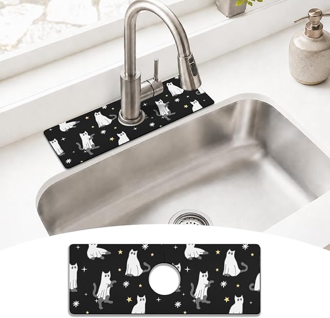 Halloween Kitchen Sink Splash Guard Faucet Mat,Black Cats Ghosts Halloween Faucet Non-Slip Absorbent Mat,Farmhouse Sink Splash Guard Behind Faucet for Kitchen Bathroom,15"x5.5" by puwbnhj