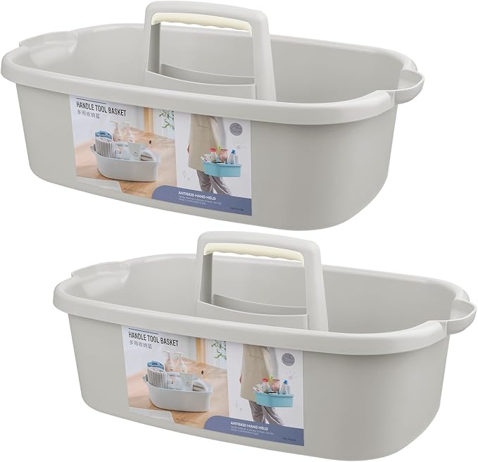 Large Cleaning Supplies Caddy Portable Shower Caddy Basket Light Gray 2Pk | Sturdy Supply Organizer with Handle Plastic Bucket Tool Storage for Bathroom Bedroom Kitchen Garden College Dorm Essentials by JiatuA