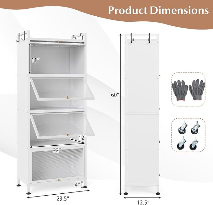 GIANTEX 5-Tier Kitchen Storage Cabinet, 4 PC Doors, Rolling Wheels, White | Mobile Metal Pantry Cabinet with 4 Hooks & Adjustable Feet, 60" Baker's Rack Microwave Stand for Dining & Living Room - Image 3