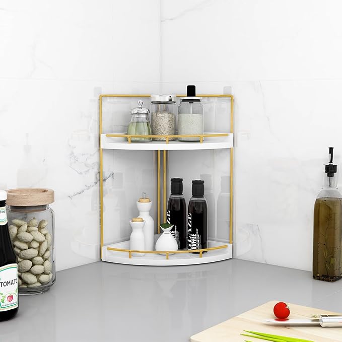 Dorhors Corner Bathroom Counter Organizer,Vanity Countertop Storage Shelf | 2-Tier Gold Rack Holder for Skincare,Perfume,Makeup,Lotion,Wood Sink Tray Stand for Kitchen,Restroom,Dresser - Image 6