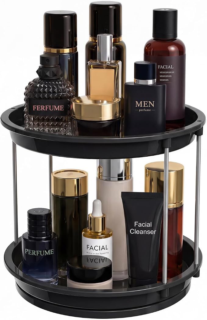 360 Rotating Makeup Organizer for Vanity, 2 Tier Cologne Organizer for Men, Skincare & Perfume Holder for Bathroom Counter, Dresser, Shelf, Cabinet, Black by Unknown
