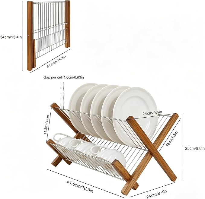HTB Dish Drying Rack 2 Tier,Stainless Steel & Teak Wood Dish Drying Rack | Foldable Dish Drainer for Plates, Cups, Bottles, Kitchen Counter, Apartment, Collapsible Kitchen Drying Rack, Space Saving - Image 3
