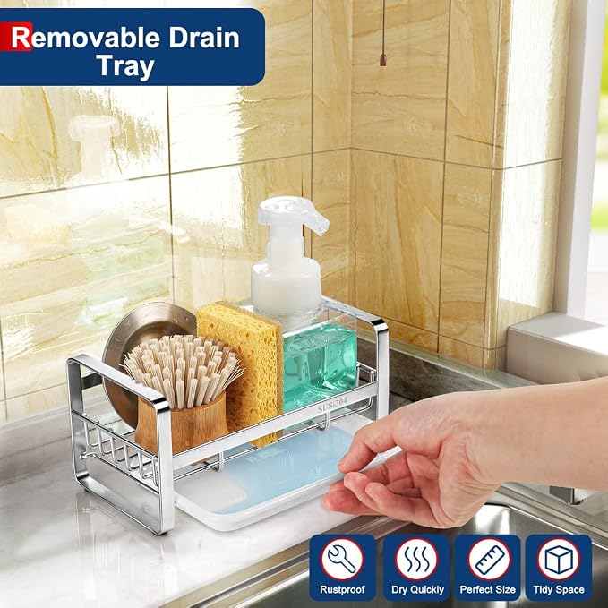 HULISEN Kitchen Sink Sponge Holder, 304 Stainless Steel Kitchen Soap Dispenser Caddy Organizer, Countertop Soap Dish Rack Drainer with Removable Drain Tray, not Including Dispenser and Brush | Removable Drain Tray, Holds Sponges Soap Bottles Brushes, C... - Image 3