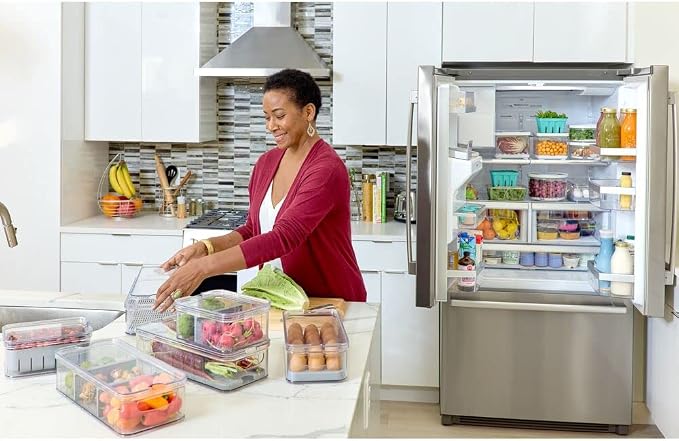 iDesign Crisp Produce Plastic Refrigerator and Modular Stacking Pantry Bin with Lid and Removable Inner Basket, Perfect for Washing Vegetables, Fruit, Lettuce, BPA Free 15.72" x 6.32" x 3.76" | Drain Tray, For Fruits & Veggies, Clear - Image 7