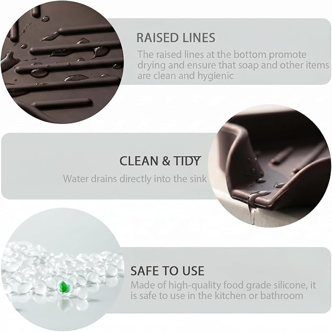 MicoYang Silicone Soap Dish with Drain Spout, Self-Draining Sink Organizer Tray for Bathroom and Kitchen, Sponges, Dispensers and Soap Holder, Non-Slip and Dishwasher Safe, Coffee (Compact, 4.9"×3.2") - Image 8
