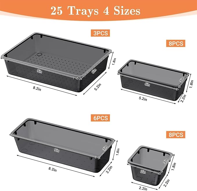 25 PCS Plastic Drawer Organizer, Versatile Organizer Trays & storage Bins | 4-Size Versatile Organizer Trays & storage Bins for Makeup, Jewelry, and Gadgets in Bathroom, Bedroom and Office, Clear Black - Image 2