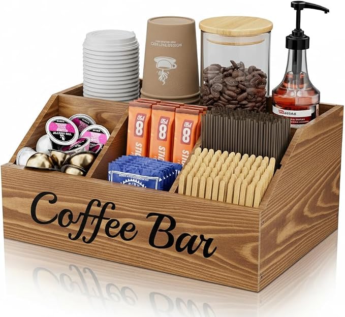 Coffee Station Organizer for Countertop – Wooden Coffee Bar Organizer with Adjustable Dividers,Holds K Cup Pod & syrup bottles, for Kitchen, Office, or Bar and Tea Station, Brown by Unknown