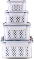 4 Pack Large Fridge Food Storage Container Set with Lids with Strainer, Fruit Vegetable Storage Containers Keep Fruits, Vegetables, Berry, Meat Fresh longer , BPA-Free Plastic Produce Keepers by Ronanemon