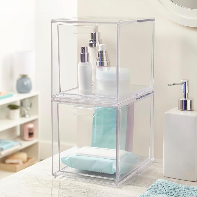 STORi Audrey Stackable Bin Clear Plastic Organizer Drawers | 2 Piece Set | Organize Cosmetics and Beauty Supplies on a Vanity | Made in USA (Pack of 3) - Image 2