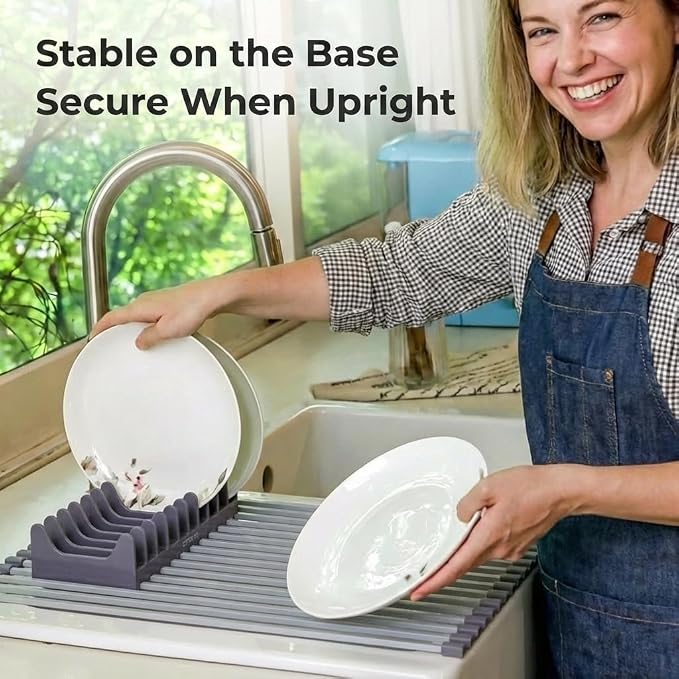 Large Aluminum Roll Up Dish Drying Rack 20.5" x 13" with Dish Holder | Square aluminum bars, Available in 3 sizes & 2 colors, Rolls up for easy storage, Removable dish holder, Heat resistant - Image 6