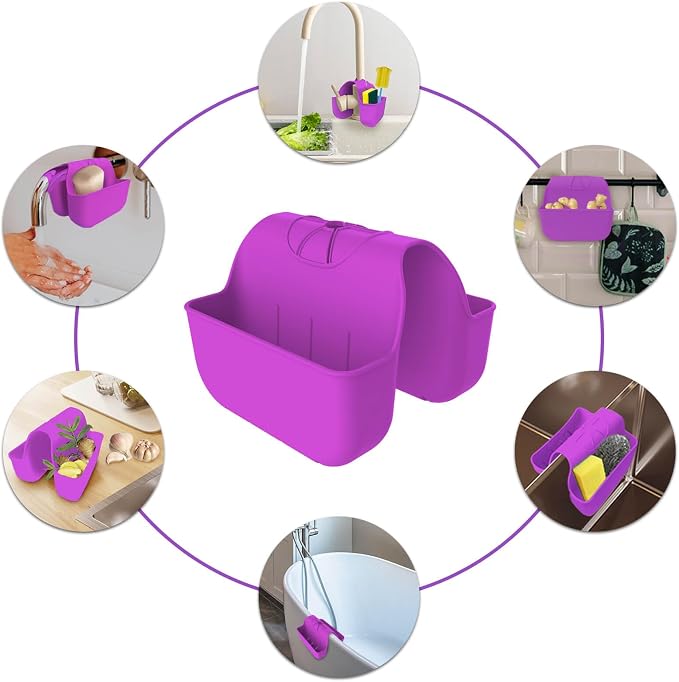 Sponge Holder for Kitchen Sink, Silicone Sink Saddle Caddy Organizer Rack, Sponges Holder Over Faucet, Hanging Kitchen Organizer Accessories Rack Basket Purple - Image 5