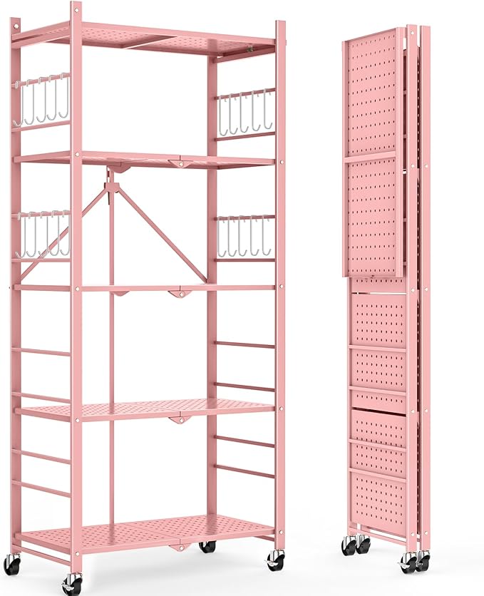 Himix 5-Tier Folding Storage Shelves with 20 Hooks Wheels Home Pink | Folding shelving units, Metal collapsible organization, Wire shelf, No assembly, Kitchen, Room, Holds 440 Ibs No assembly by Himix